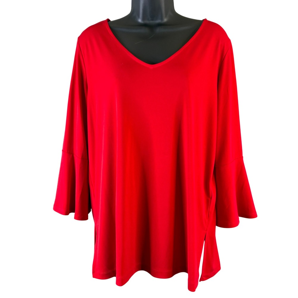Susan Graver Womens Red Liquid Knit V-Neck 3/4 Bell Sleeve Ring Top Size M